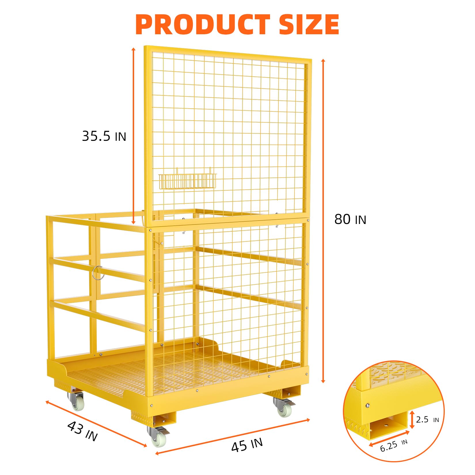 Forklift Safety Cage, 43"x45" Forklift Man Basket, 1400lbs Capacity Forklift Work Platform with Safety Harness&Lock, Drain Hole&Wheels, Collapsible Lift Basket Aerial Platform for Lifting Loader