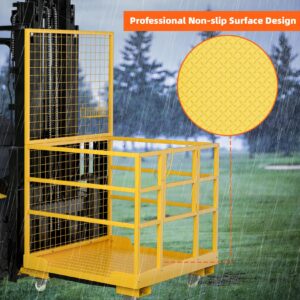 Forklift Safety Cage, 43"x45" Forklift Man Basket, 1400lbs Capacity Forklift Work Platform with Safety Harness&Lock, Drain Hole&Wheels, Collapsible Lift Basket Aerial Platform for Lifting Loader