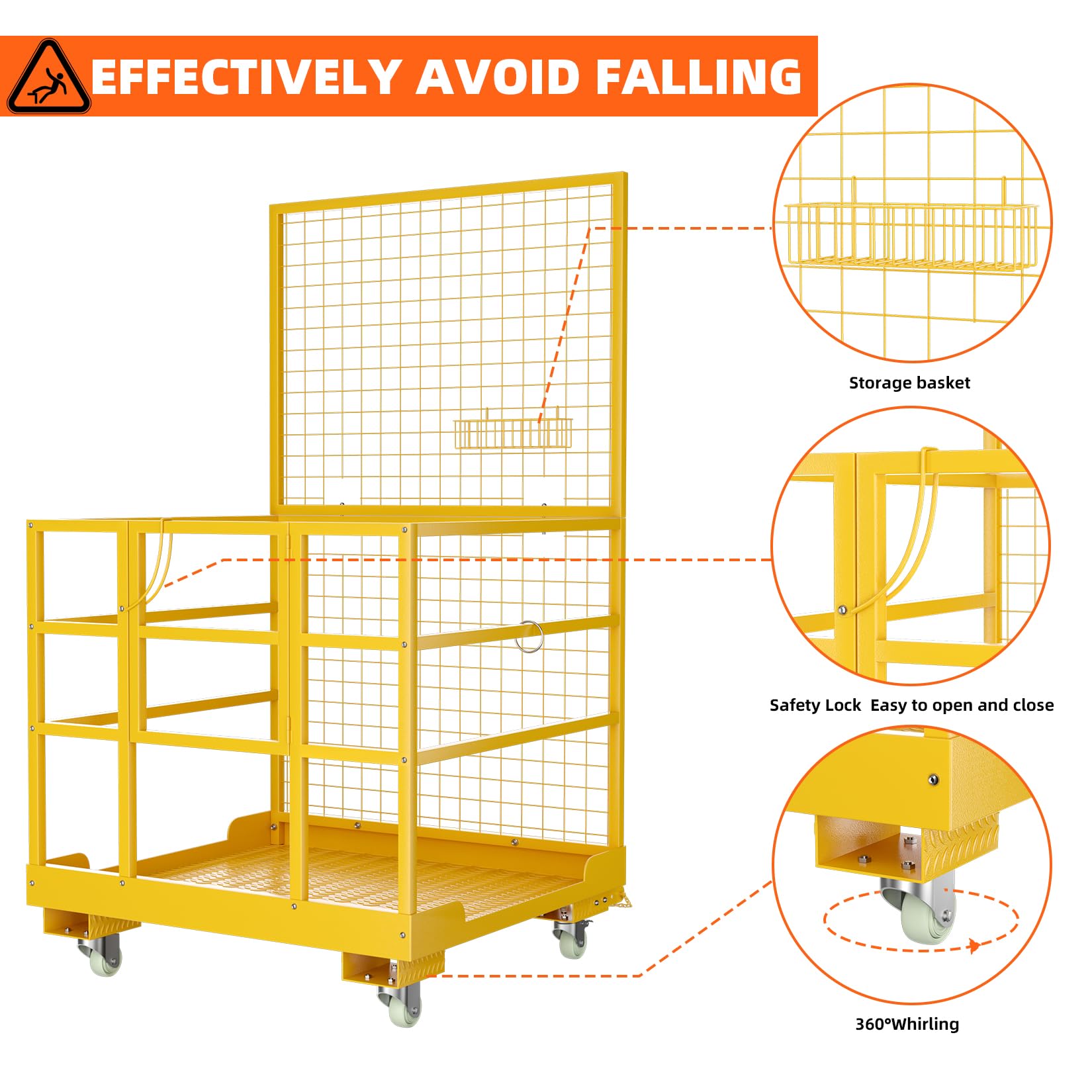 Forklift Safety Cage, 43"x45" Forklift Man Basket, 1400lbs Capacity Forklift Work Platform with Safety Harness&Lock, Drain Hole&Wheels, Collapsible Lift Basket Aerial Platform for Lifting Loader