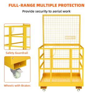 Forklift Safety Cage, 43"x45" Forklift Man Basket, 1400lbs Capacity Forklift Work Platform with Safety Harness&Lock, Drain Hole&Wheels, Collapsible Lift Basket Aerial Platform for Lifting Loader