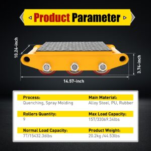 HETEPPTR Machinery Mover 15T Heavy Duty Dolly Skate Roller 33000lbs Machinery Skate Dolly with 9 PU Rollers and Anti-Slip Rubber Mat for Industrial Moving Equipment (Yellow)