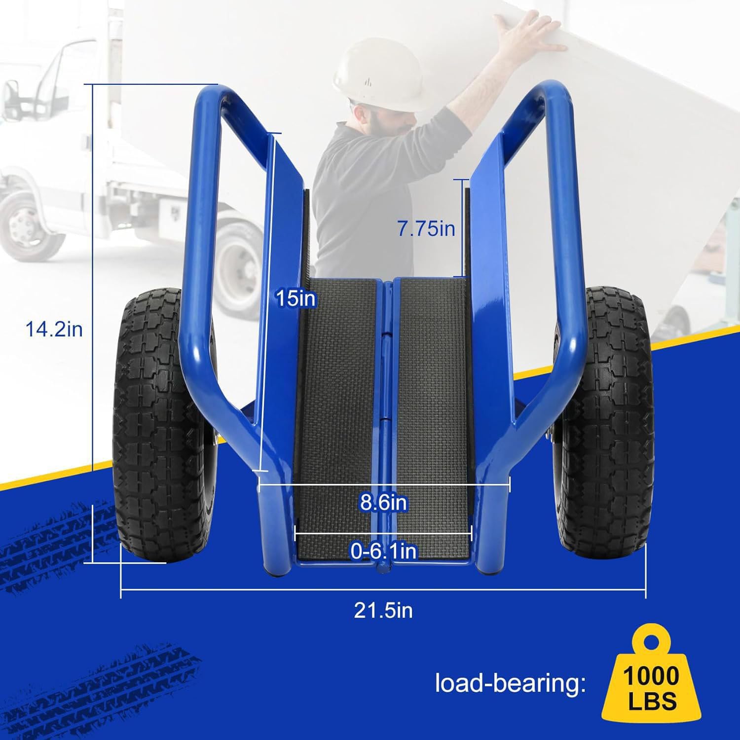 Heavy Duty Panel Dolly with Handle All Terrain Moving Cart with 2Pcs 10" Solid Rubber Tires Wheels 1000LBS Load Capacity Handling Panel Dolly Handling Door Dolly Handling Timber Dolly