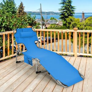 Giantex Lounge Chair Outdoor, Tanning Chair, Folding Beach Chair with Face Arm Hole, Washable Pillow, Side Pocket, Carry Handle, Adjustable Pool Lounger for Patio, Lawn, Lounge Chair Outside, Blue