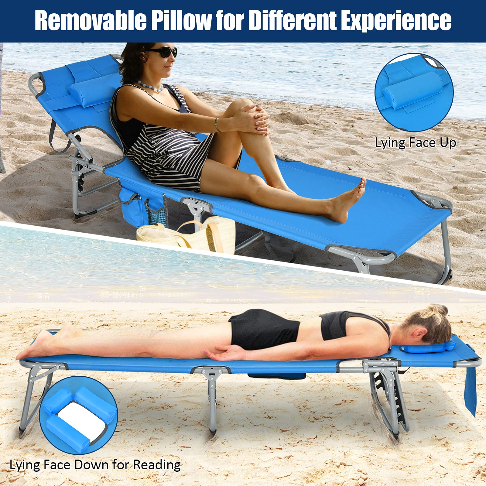 Giantex Lounge Chair Outdoor, Tanning Chair, Folding Beach Chair with Face Arm Hole, Washable Pillow, Side Pocket, Carry Handle, Adjustable Pool Lounger for Patio, Lawn, Lounge Chair Outside, Blue