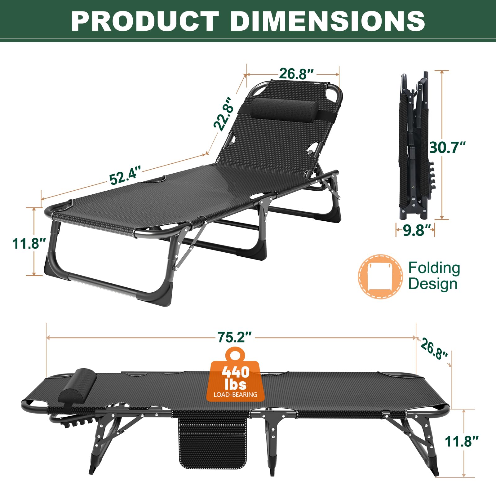 LILYPELLE Folding Outside Chaise Lounge Chair with Mattress, 5 Position Adjustable Patio Folding Lounge Chair Reclining Chairs Perfect for Sunbathing, Camping, Pool, Beach, Patio