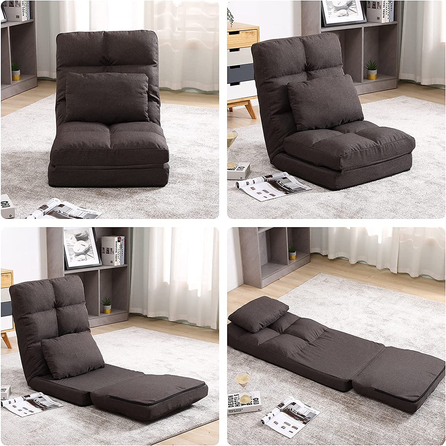 FLOGUOR Chaise Lounge Indoor, 14-Position Floor Chair with Back Support for Adults Kids, Folding Lazy Sofa Chair Lounge Chair with a Padded Pillow for Living Room, Bedroom, for Gaming Reading 8823CO