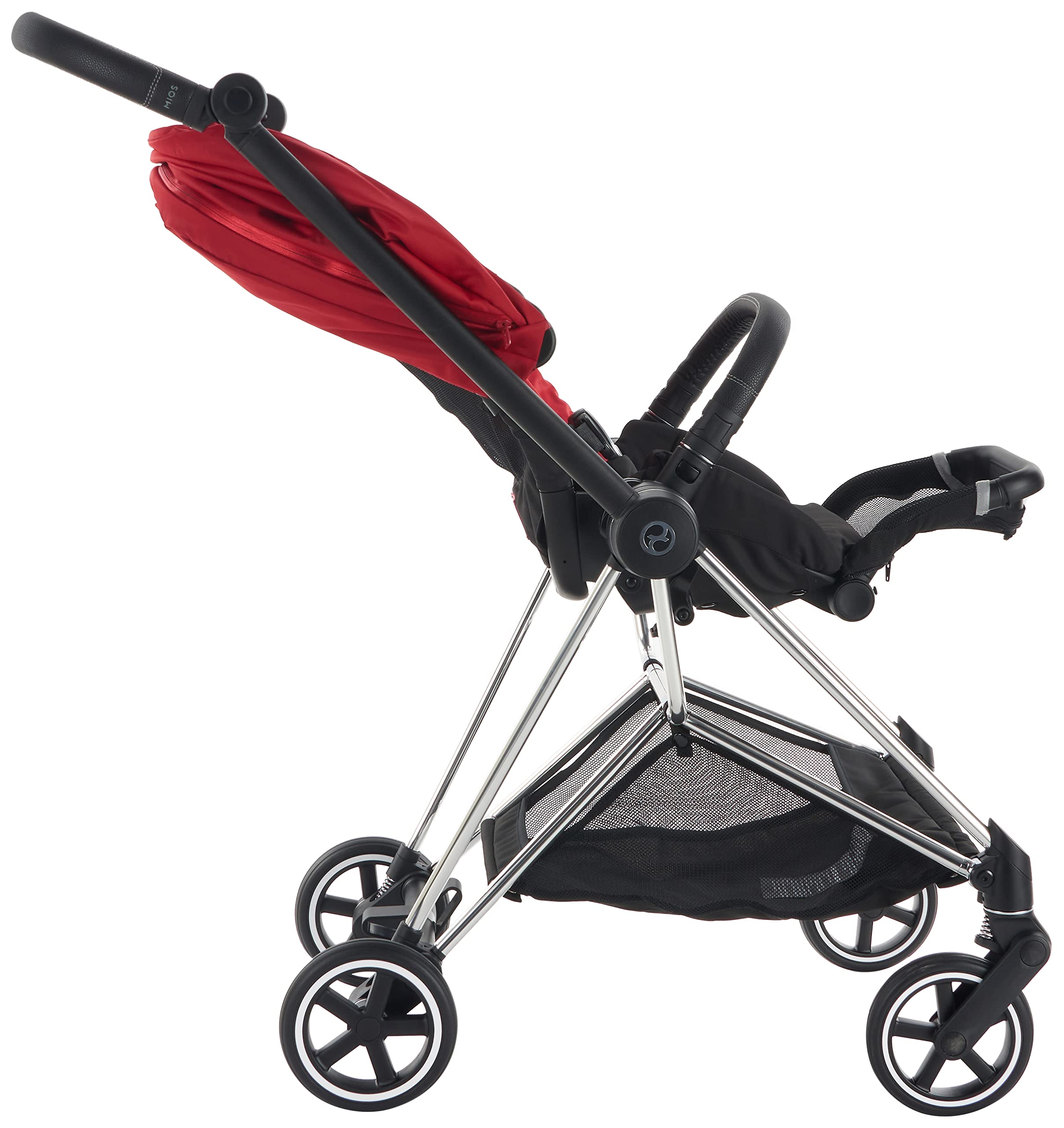 Cybex Mios 2 Complete Stroller, One-Hand Compact Fold, Reversible Seat, Smooth Ride All-Wheel Suspension, Extra Storage, Adjustable Leg rest, True Red Seat with Chrome/Black Frame