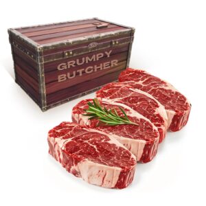 grumpy butcher ribeye steaks, 4 pack (14 oz each) - prime steak house quality ribeye steak meat - with steaks gift packages specials option