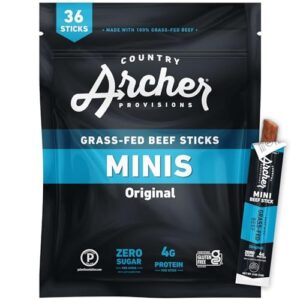 original mini jerky beef sticks by country archer, 100% grass-fed, gluten free, high protein snacks, 5 ounce, 36 count