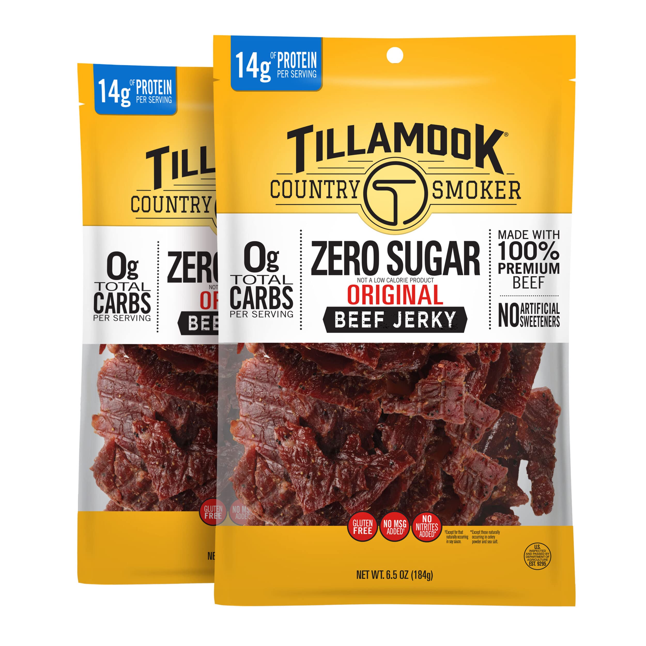 Tillamook Country Smoker Zero Sugar Original Keto Friendly Beef Jerky, 6.5 Ounce (Pack of 2)