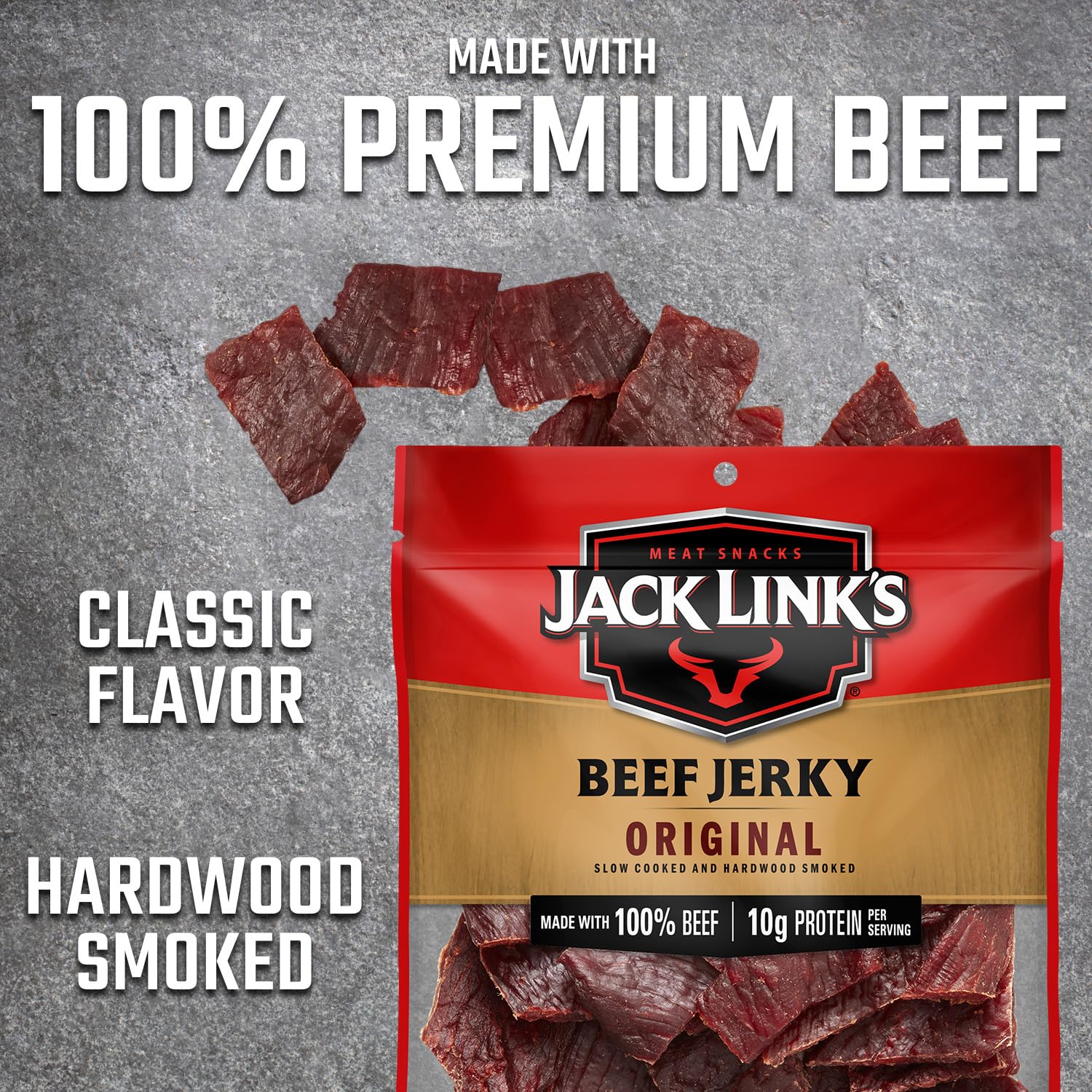 Jack Link's Beef Jerky, Original Flavor, 2.6 Oz - Flavorful Meat Snack, 10g Of Protein And 80 Calories, Made With 100% Beef - No Added MSG Or Nitrates/Nitrites