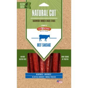 old wisconsin natural cut beef sausage snack sticks, naturally smoked, ready to eat, high protein, low carb, keto, gluten free, no preservatives or nitrates, 6 ounce