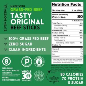 Mission Meats Grass Fed Beef Sticks – Sugar Free Beef Sticks, Gluten Free, Paleo, Keto Meat Sticks, Individually Wrapped, 1oz (Original, Pack of 24)