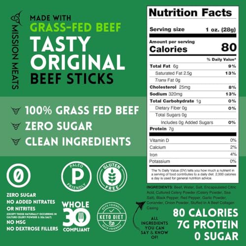 Mission Meats Grass Fed Beef Sticks – Sugar Free Beef Sticks, Gluten Free, Paleo, Keto Meat Sticks, Individually Wrapped, 1oz (Original, Pack of 24)