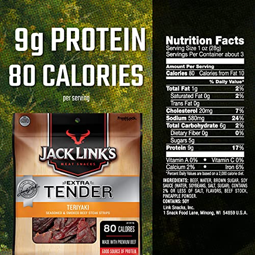 Jack Link’s Extra Tender Beef Jerky Steak Strips, Teriyaki, 2.85 oz – Flavorful Meat Snack, 9g of Protein and 80 Calories, Made with Premium Beef - Gluten Free and No Added MSG or Nitrates/Nitrites