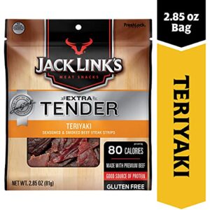 Jack Link’s Extra Tender Beef Jerky Steak Strips, Teriyaki, 2.85 oz – Flavorful Meat Snack, 9g of Protein and 80 Calories, Made with Premium Beef - Gluten Free and No Added MSG or Nitrates/Nitrites