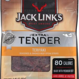 Jack Link’s Extra Tender Beef Jerky Steak Strips, Teriyaki, 2.85 oz – Flavorful Meat Snack, 9g of Protein and 80 Calories, Made with Premium Beef - Gluten Free and No Added MSG or Nitrates/Nitrites