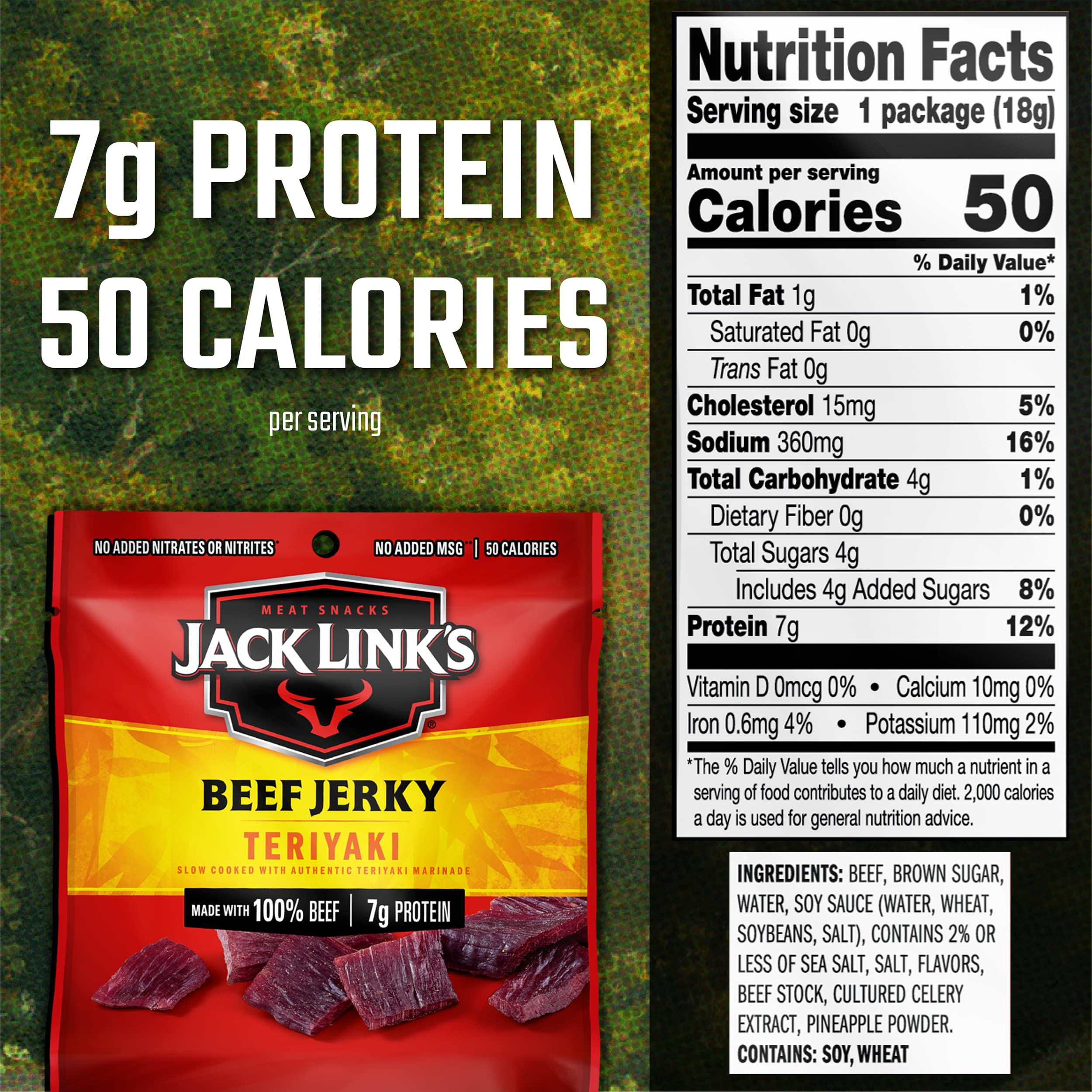 Jack Link's Beef Jerky, Teriyaki, Multipack Bags - Flavorful Meat Snack for Lunches, Ready to Eat - 7g of Protein, Made with Premium Beef, No Added MSG - 0.625 oz (Pack of 20)