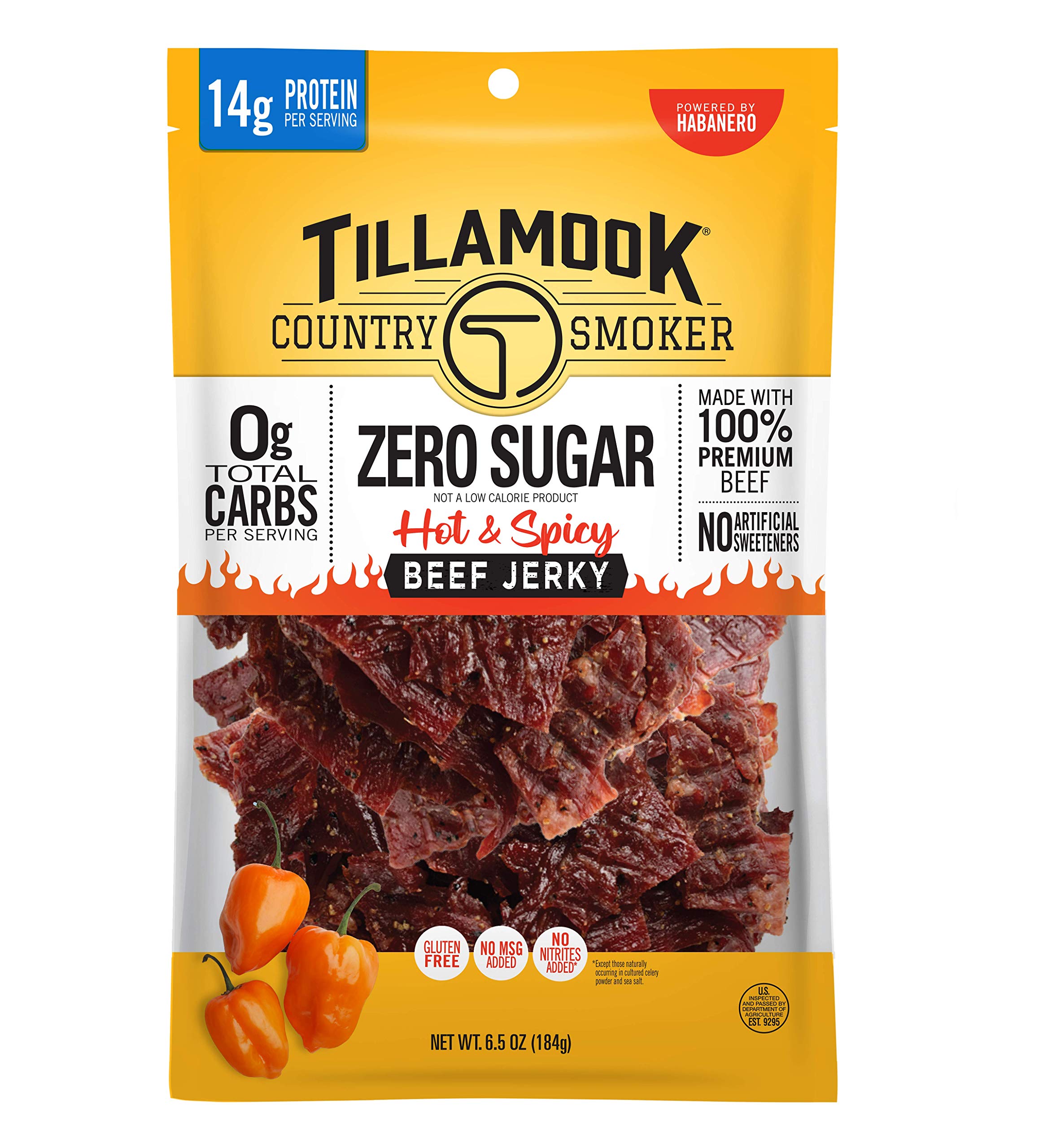 Tillamook Country Smoker Keto Friendly Zero Sugar Beef Jerky, Hot & Spicy, 6.5 Ounce