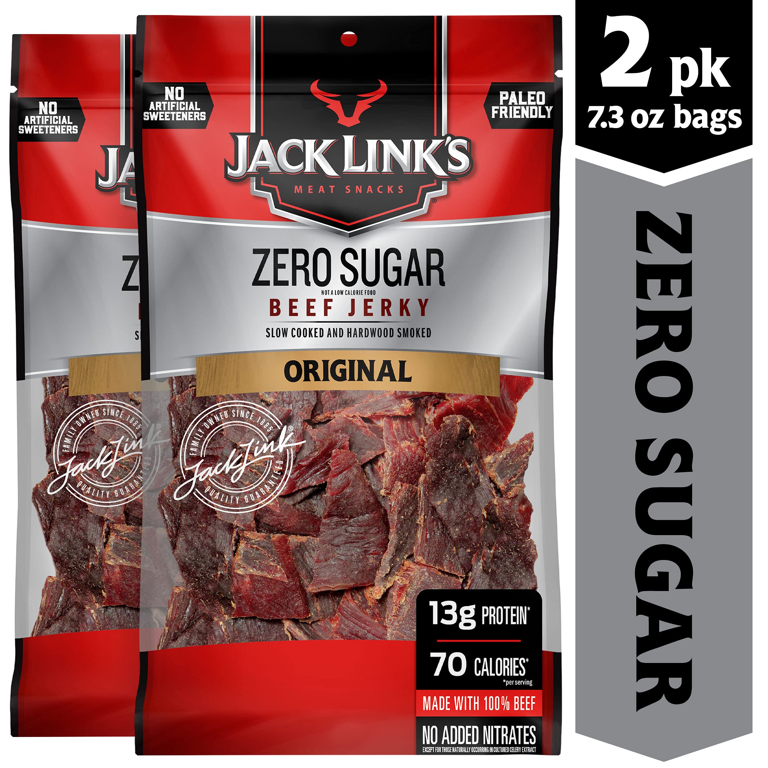 Jack Link's Beef Jerky, Zero Sugar, Paleo Friendly Snack with No Artificial Sweeteners, 13g of Protein and 70 Calories Per Serving, No Sugar Everyday Snack, 7.3 oz (Pack of 2)