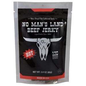 no man’s land hot beef jerky high protein low calorie low carb beef snack 3.0oz bag