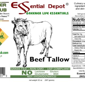 Beef Tallow - 1 Quart (32 oz nt wt) - Grass Feed - Non-GMO - Keto Friendly - Food Grade - FREE from LACTOSE-GLUTEN-GLUTAMATE-BSE - safety sealed HDPE container with resealable cap