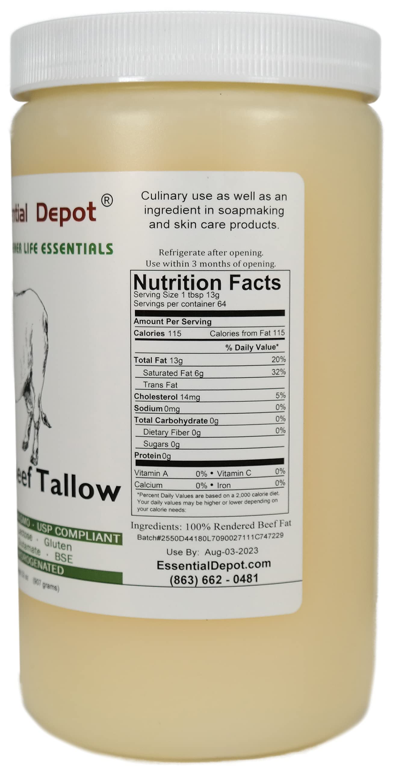 Beef Tallow - 1 Quart (32 oz nt wt) - Grass Feed - Non-GMO - Keto Friendly - Food Grade - FREE from LACTOSE-GLUTEN-GLUTAMATE-BSE - safety sealed HDPE container with resealable cap