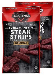 jack link's steak strips, beef jerky, original flavor, snack bags, extra thick cut protein snacks, ready to eat - 9g of protein and 70 calories per serving, made with premium beef, 8 ounce (pack of 2)