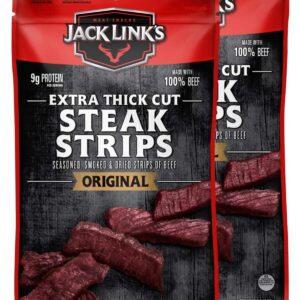 Jack Link's Steak Strips, Beef Jerky, Original Flavor, Snack Bags, Extra Thick Cut Protein Snacks, Ready to Eat - 9g of Protein and 70 Calories Per Serving, Made with Premium Beef, 8 Ounce (Pack of 2)