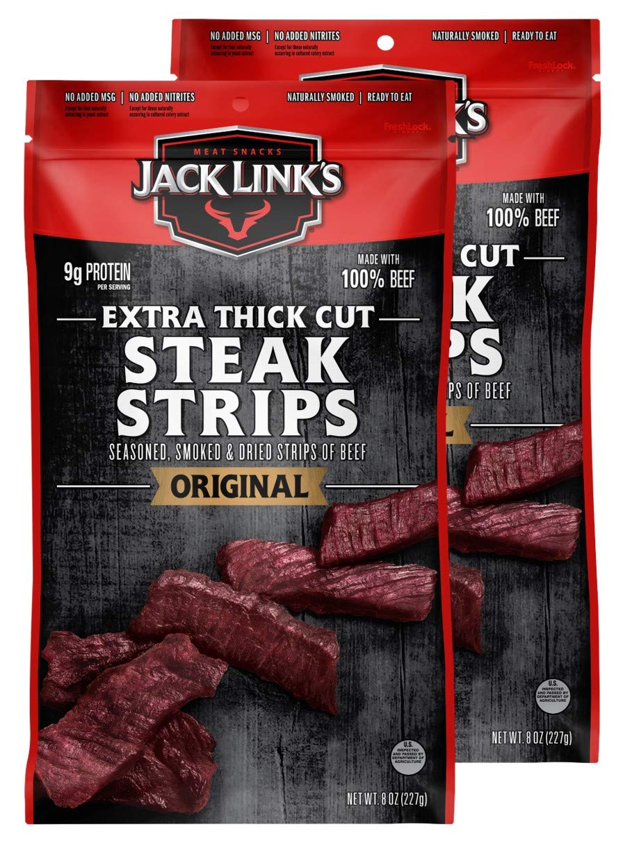 Jack Link's Steak Strips, Beef Jerky, Original Flavor, Snack Bags, Extra Thick Cut Protein Snacks, Ready to Eat - 9g of Protein and 70 Calories Per Serving, Made with Premium Beef, 8 Ounce (Pack of 2)