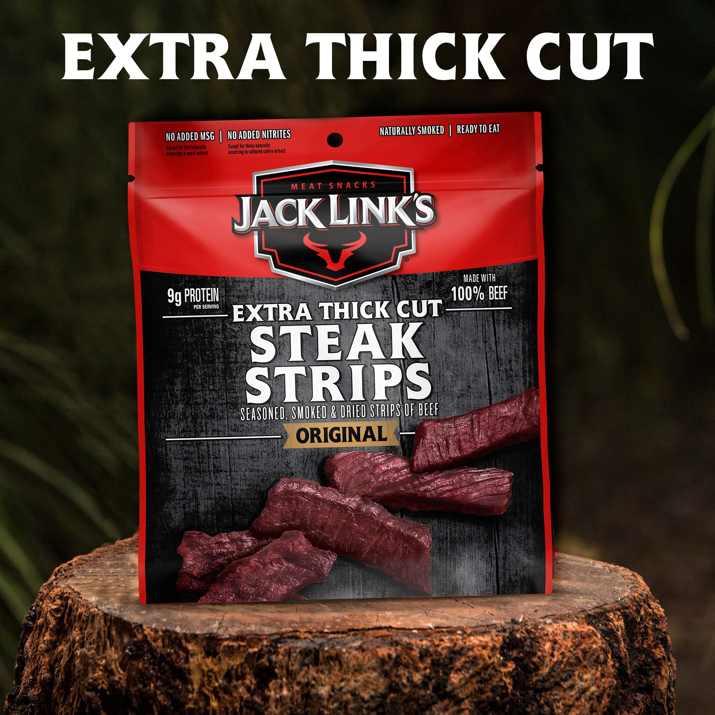 Jack Link's Steak Strips, Beef Jerky, Original Flavor, Snack Bags, Extra Thick Cut Protein Snacks, Ready to Eat - 9g of Protein and 70 Calories Per Serving, Made with Premium Beef, 8 Ounce (Pack of 2)