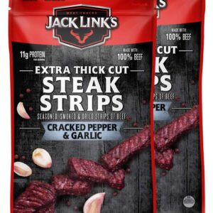 Jack Link's Steak Strips, Beef Jerky, Cracked Pepper & Garlic, Snack Bags, Thick Cut Protein Snacks, Ready To Eat - 11g of Protein, 80 Calories per Serving, Made with Premium Beef, 8 Oz (Pack Of 2)