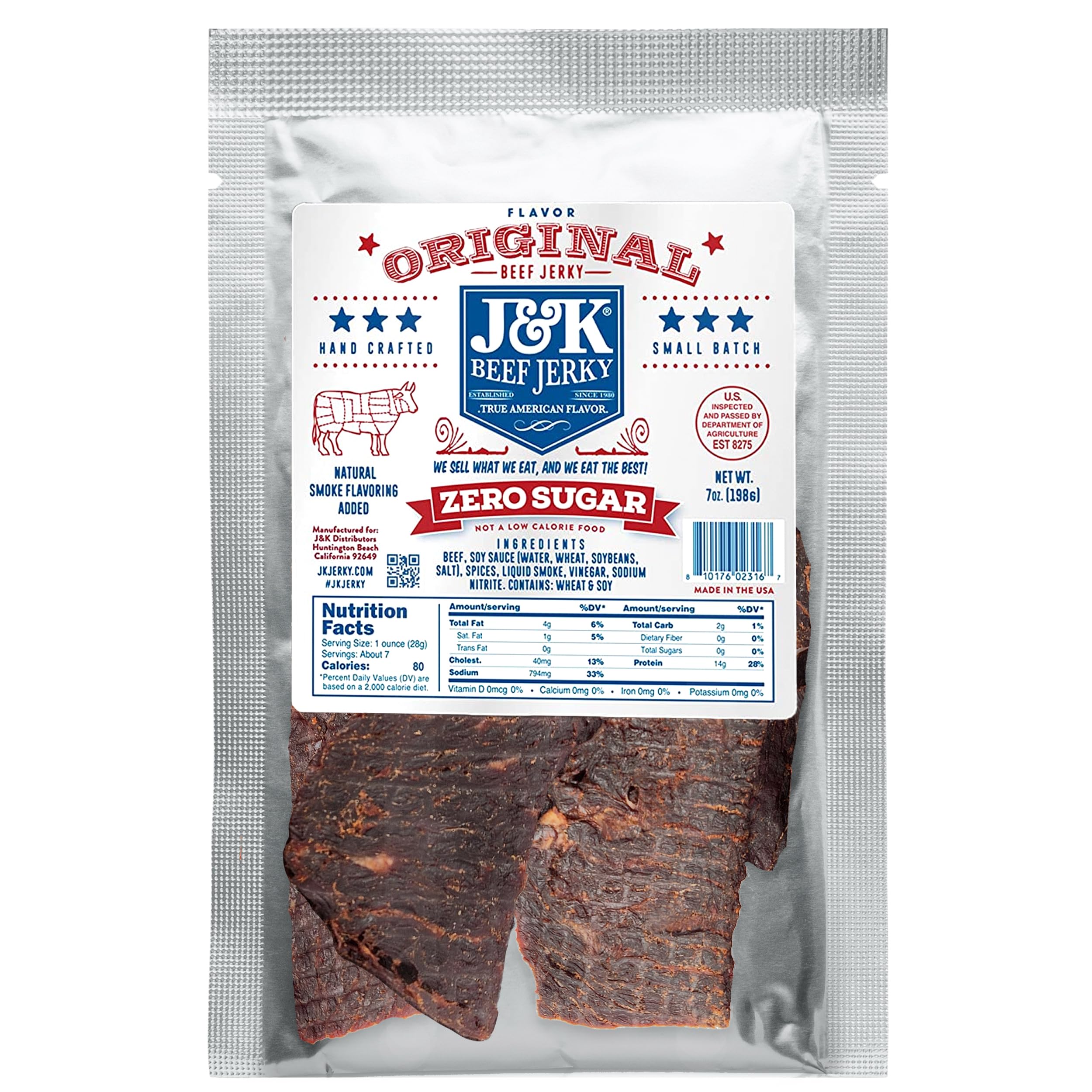 J&K Jerky Sugar-Free Original Beef Jerky - Real Premium Smoked Beef Jerky with Double Tenderness - Paleo & Keto Friendly - 7oz Big Bag of Jerky