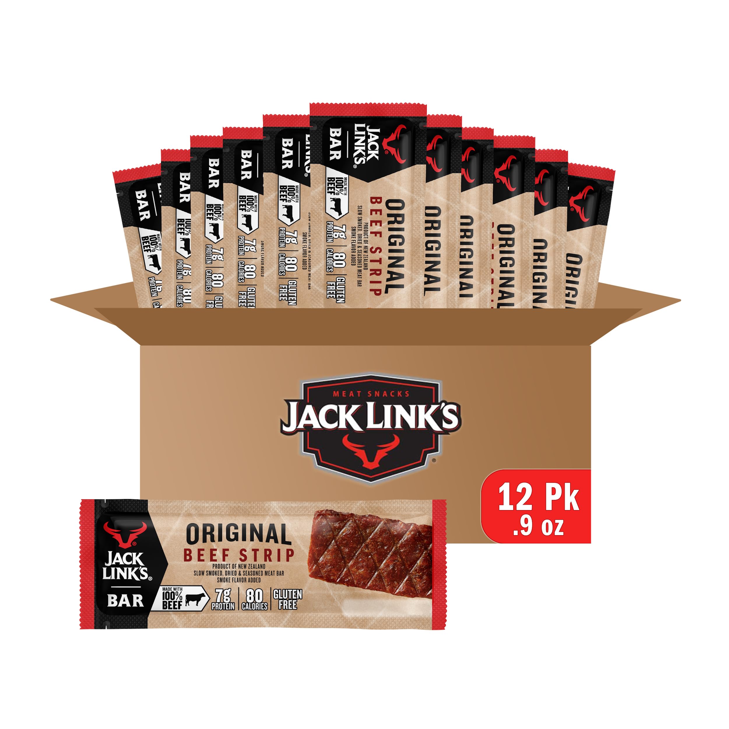 Jack Link's Beef Jerky Bars, Original - 7g of Protein and 80 Calories Per Bar, Made with Premium Beef, No added MSG - Keto Friendly and Gluten Free Snacks, 0.9 Ounce (Pack of 12)