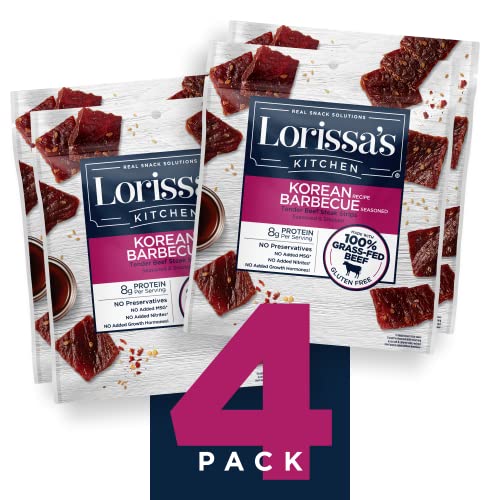 Lorissa's Kitchen Premium Grass-Fed Steak Strips, Korean Barbecue, 2.25 Oz. 4 Count - No Added MSG or Nitrites, Keto Friendly Snacks & Gluten Free, More Tender Than Traditional Beef Jerky