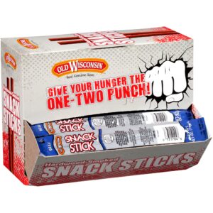 old wisconsin beef sausage snack sticks, naturally smoked, ready to eat, high protein, low carb, keto, gluten free, counter box, pack of 42 individually wrapped sticks