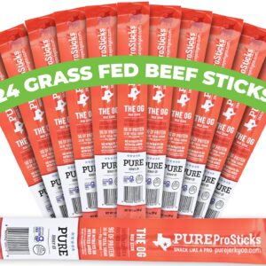 PureProSTICKS - 24 pack of Low Sugar 100% Grass Fed Beef Sticks - Original Flavor Mild - Delicious Gluten Free Beef Snack - High Protein Keto & Paleo Friendly - 24 Beef Sticks