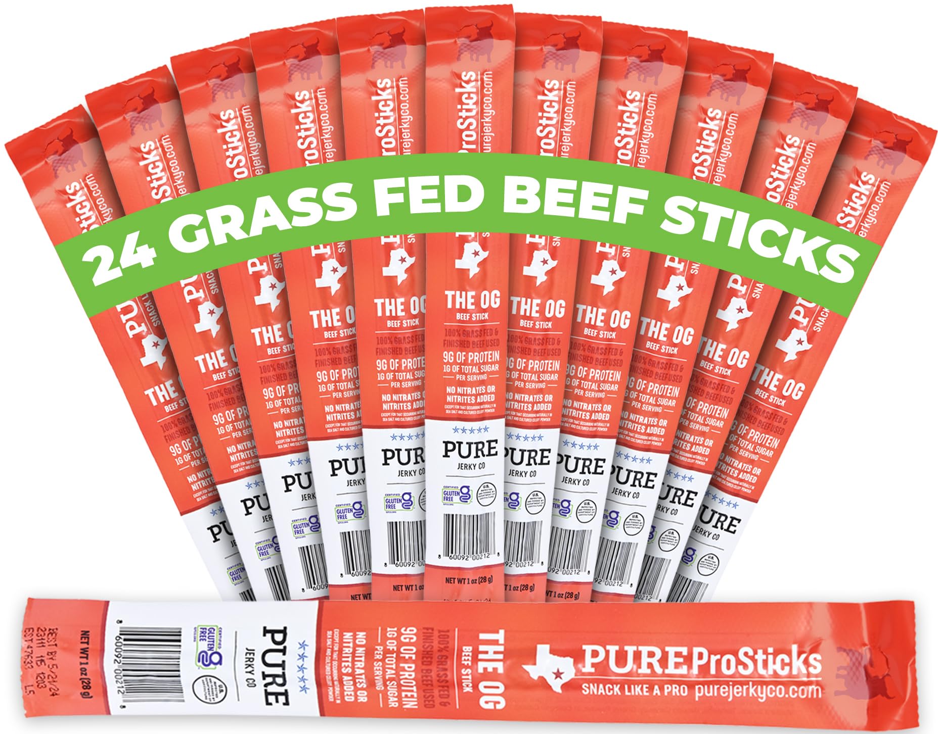 PureProSTICKS - 24 pack of Low Sugar 100% Grass Fed Beef Sticks - Original Flavor Mild - Delicious Gluten Free Beef Snack - High Protein Keto & Paleo Friendly - 24 Beef Sticks