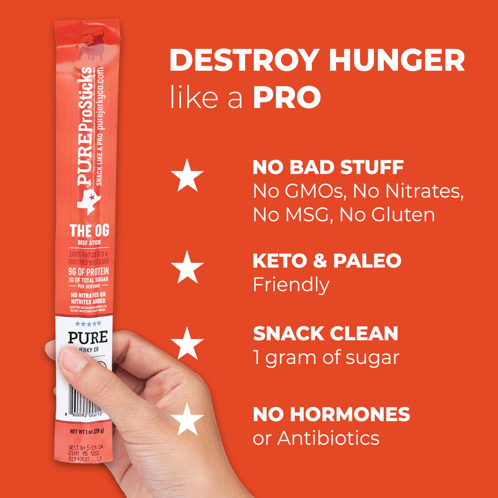 PureProSTICKS - 24 pack of Low Sugar 100% Grass Fed Beef Sticks - Original Flavor Mild - Delicious Gluten Free Beef Snack - High Protein Keto & Paleo Friendly - 24 Beef Sticks