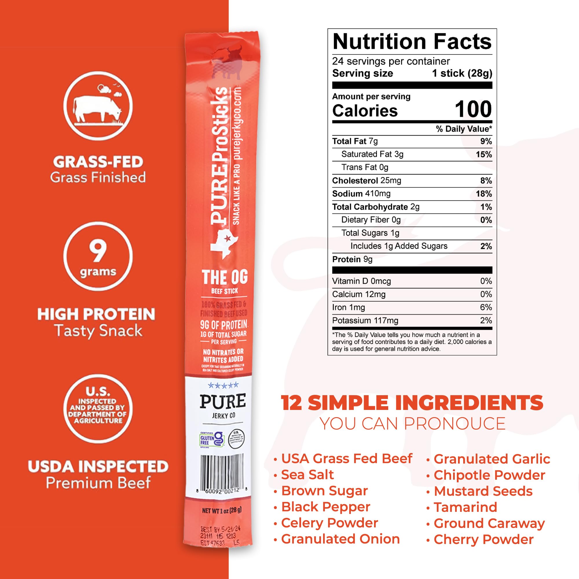 PureProSTICKS - 24 pack of Low Sugar 100% Grass Fed Beef Sticks - Original Flavor Mild - Delicious Gluten Free Beef Snack - High Protein Keto & Paleo Friendly - 24 Beef Sticks