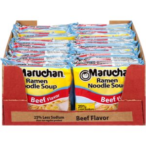 maruchan ramen less sodium beef, instant ramen noodles, ready to eat meals, 3 oz, 24 count