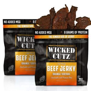 orange teriyaki beef jerky | tender, flavorful, easy to chew premium craft jerky with 24g protein per bag, high protein snacks, low calorie snacks, low carb snacks, healthy snack for adults (2 bags)