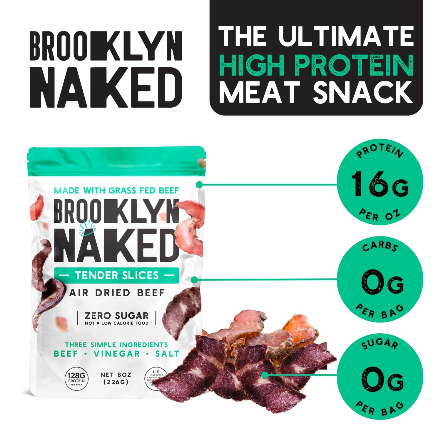 Brooklyn Biltong - Air Dried Grass Fed Beef Snack, South African Beef Jerky - Whole30 Approved, Paleo, Keto, Gluten Free, Sugar Free, Made in USA - 8 oz. Bag (Naked)