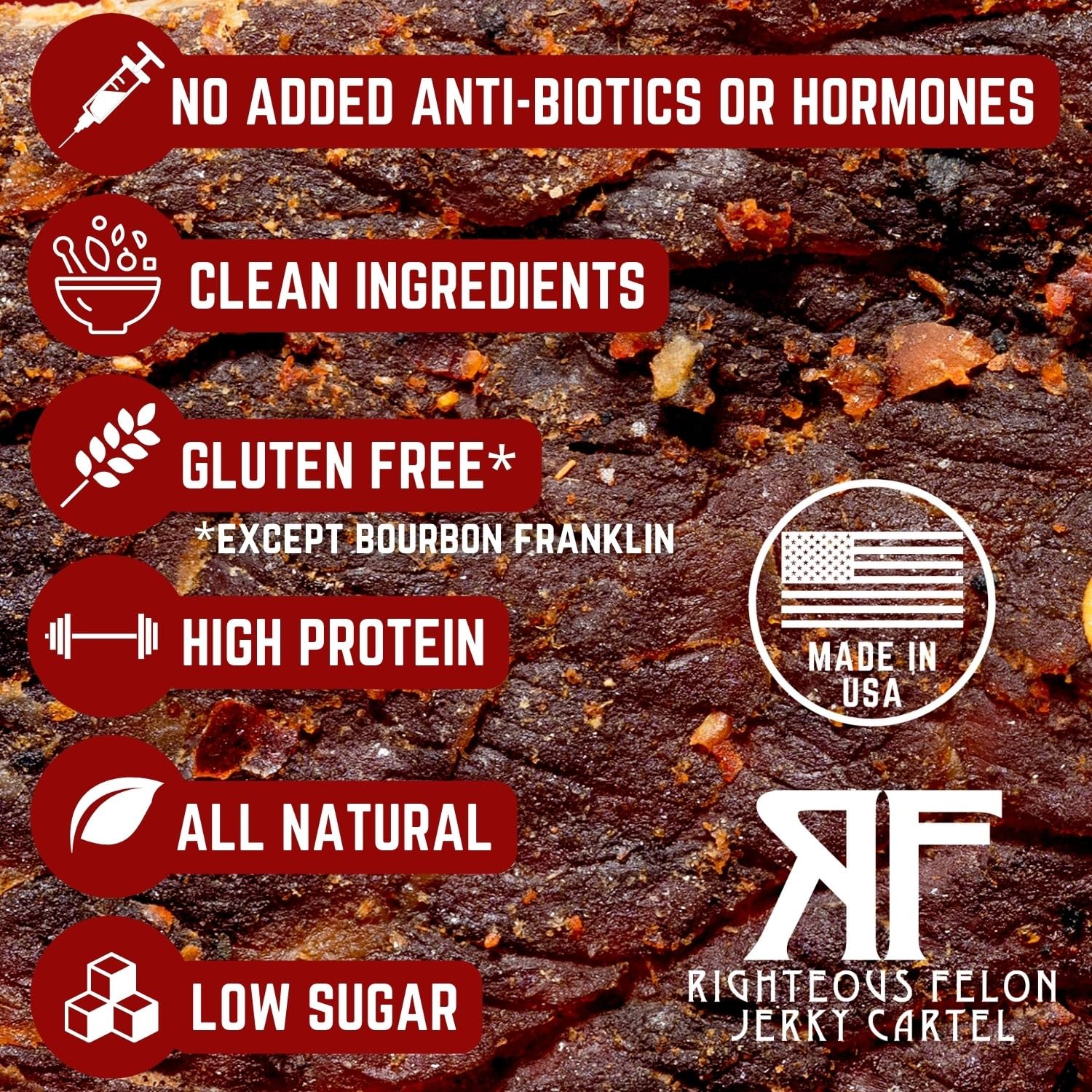 Righteous Felon Beef Jerky | All-Natural Jerky - Locally Sourced & Dried Beef Jerky - Low-Sugar Healthy Jerky Snacks (Sampler Pack)