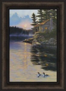 day's end by rick kelley 16x22 cabin loons lake sunset framed art print wall décor picture