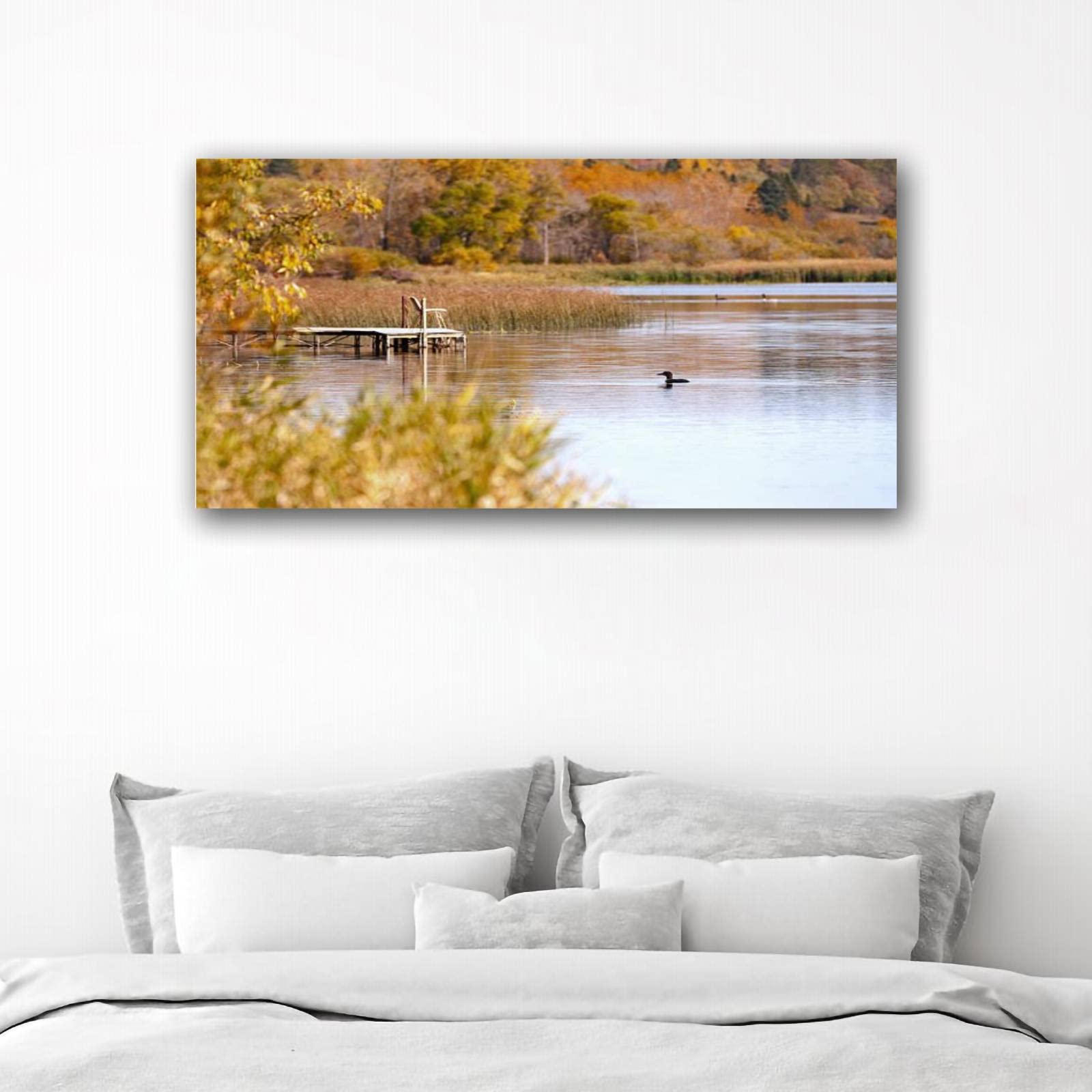 Large Wall Art Loon on a Lake Painting Poster Print on Canvas Artwork for Living Room Bedroom Stretched and Framed Ready to Hang 20”x40”