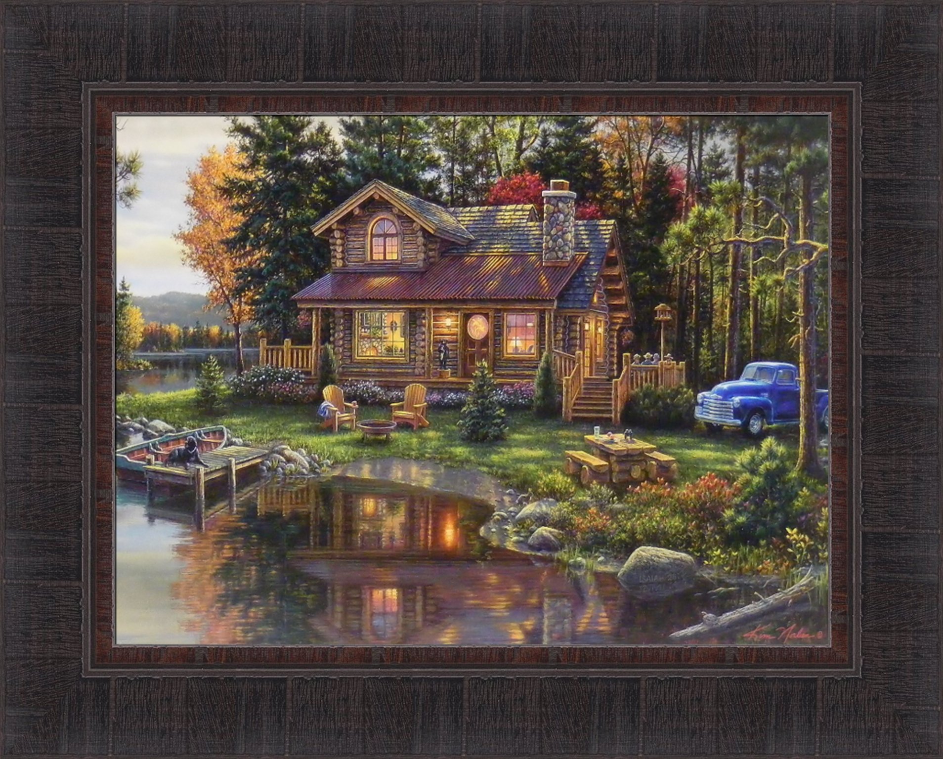 Peace Like A River by Kim Norlien 17x21 Log Cabin Vintage Truck Lake Adirondack Chairs Boat Dock Framed Art Print Picture