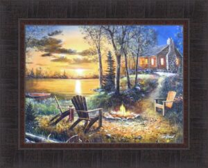 fireside by jim hansel 17x21 adirondack chairs camp fire log cabin sunset lake framed art print picture