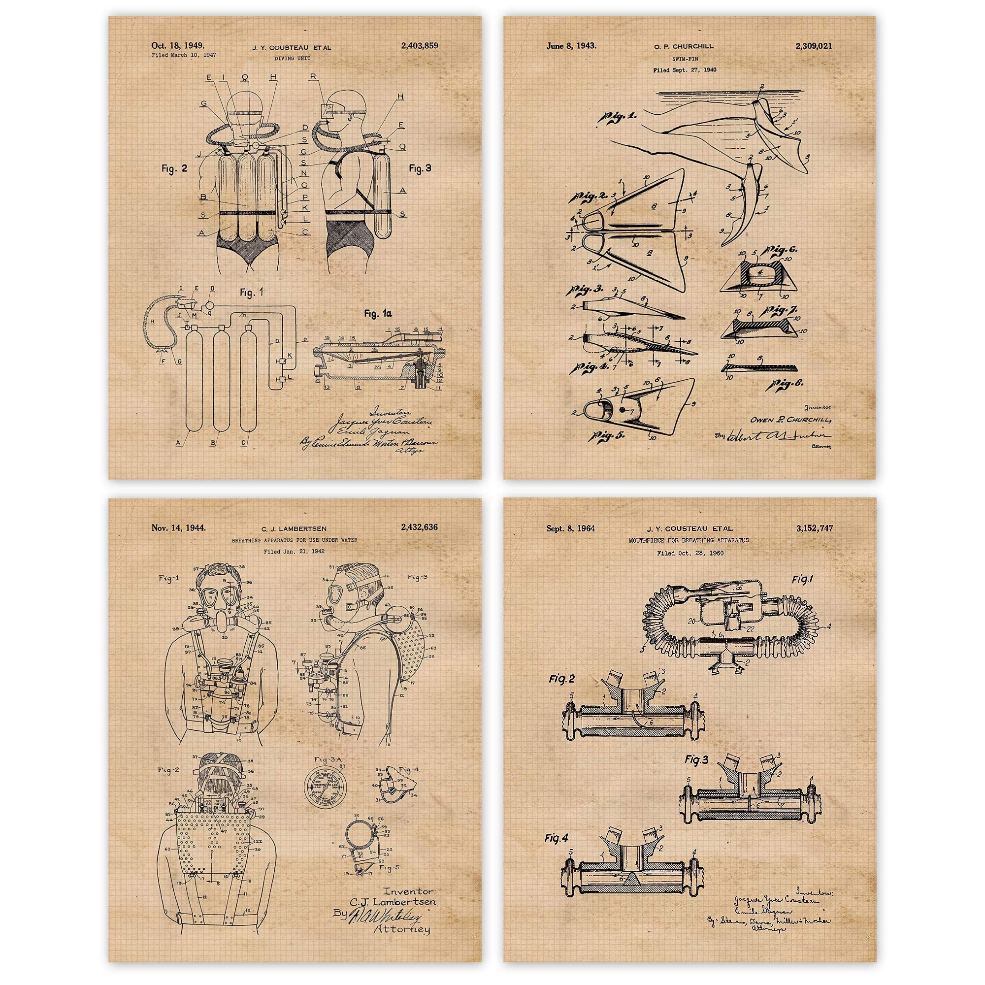 Vintage Scuba Diving Patent Prints, 4 (8x10) Unframed Photos, Wall Art Decor Gifts Under 20 for Home Office Garage Shop Diver School Gym Student Teacher Coach Lake Beach Ocean Snorkeling Reefs Fans