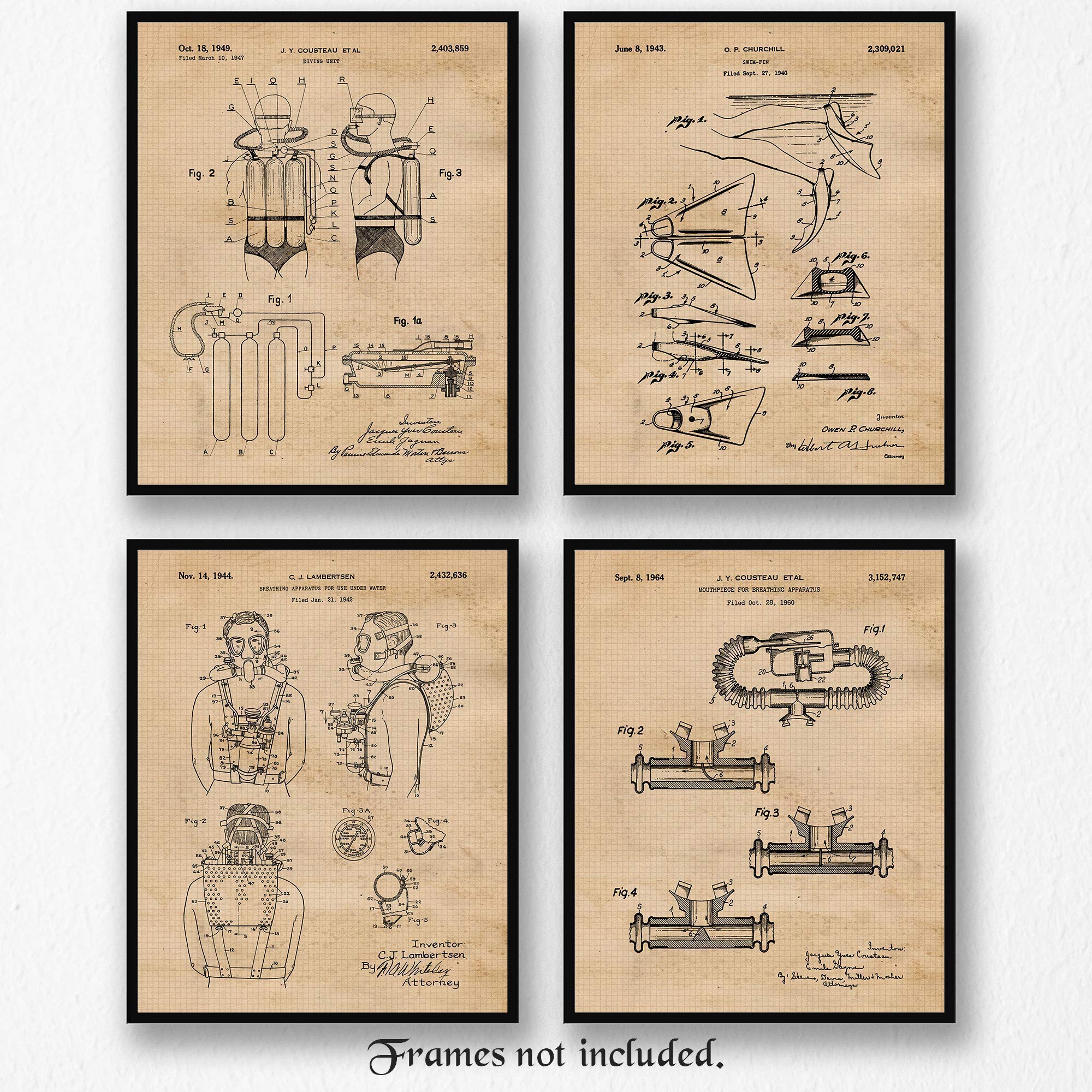 Vintage Scuba Diving Patent Prints, 4 (8x10) Unframed Photos, Wall Art Decor Gifts Under 20 for Home Office Garage Shop Diver School Gym Student Teacher Coach Lake Beach Ocean Snorkeling Reefs Fans